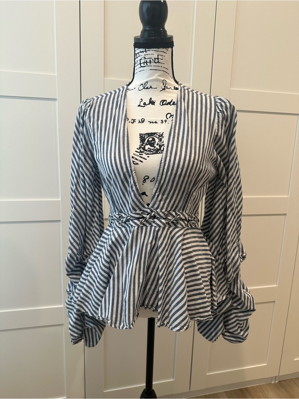 VENUS Navy & White Striped V-Neck Peplum Blouse FITS LIKE A 6 - Picture 3 of 13